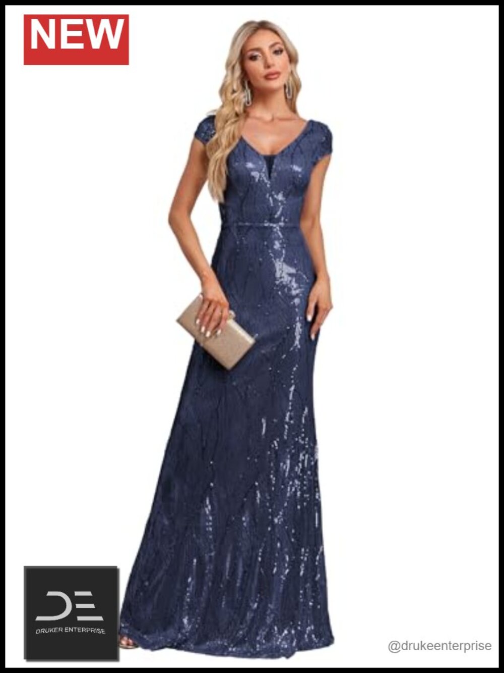 Sequined Short Sleeve V-Neck Long Formal Evening Gown